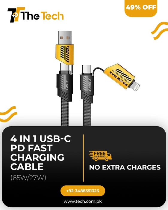 4 in 1 USB-C Charging Cable 1m Type-C Connector Nylon Braided PD 65W 27W Fast Charging